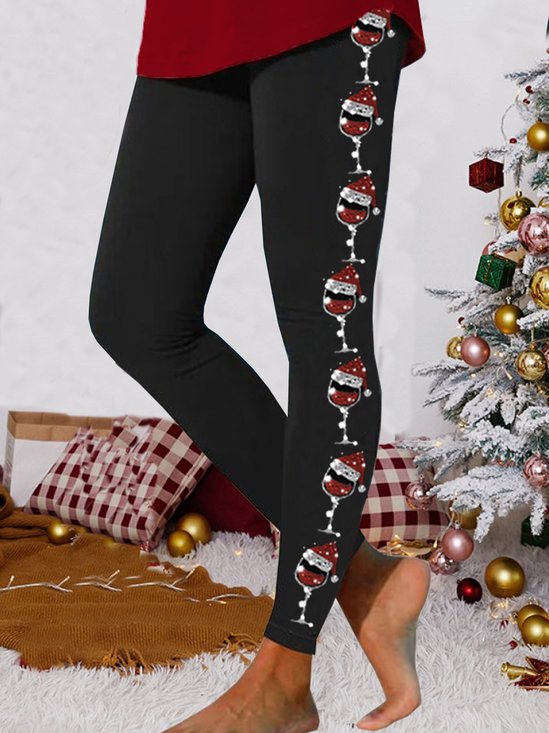 Christmas Wine Glass Logo Print Loose Daily Casual High Elasticity Jersey Long Legging