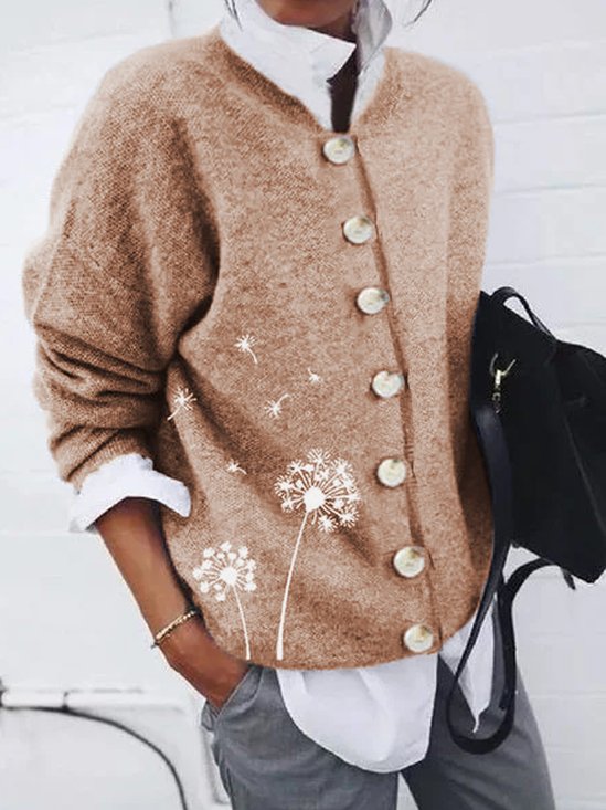 Dandelion Print Winter Thicken Knitted Casual H-Line Bateau/boat Neck Long Sleeve Sweater Outerwear