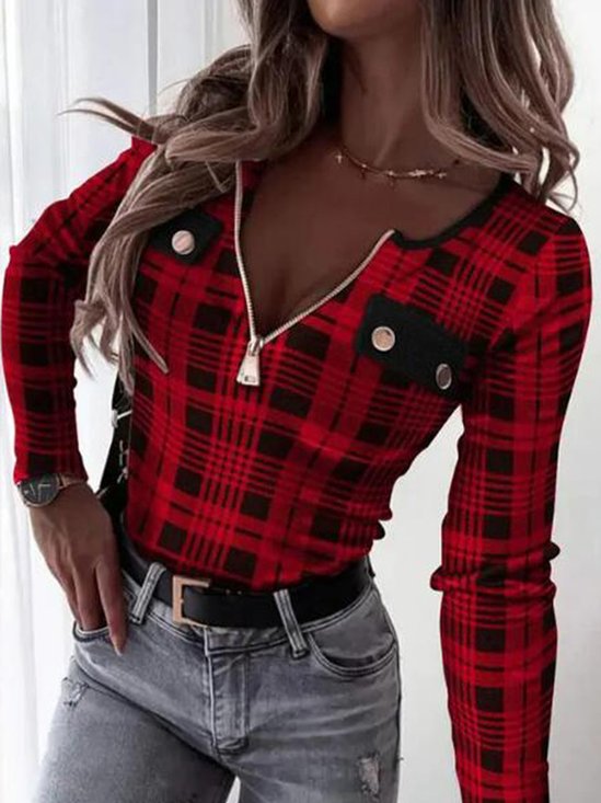 Party Buttoned Jersey Plaid T-Shirt