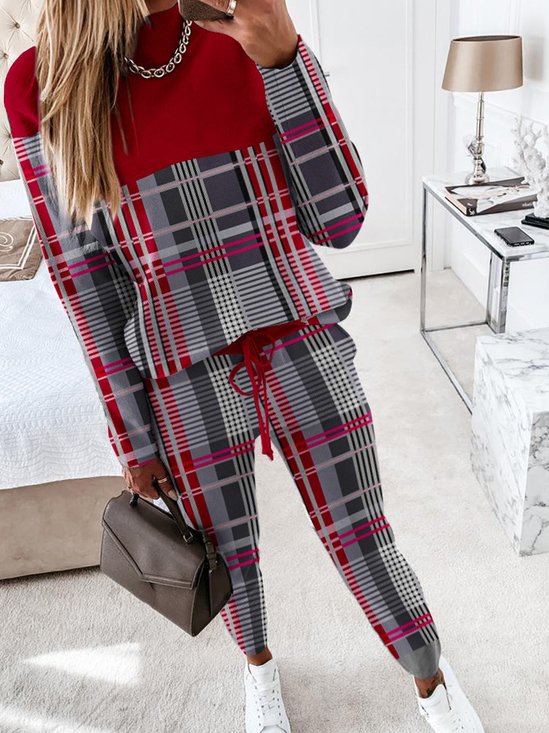 Plaid Loose Casual Crew Neck Two-Piece Set