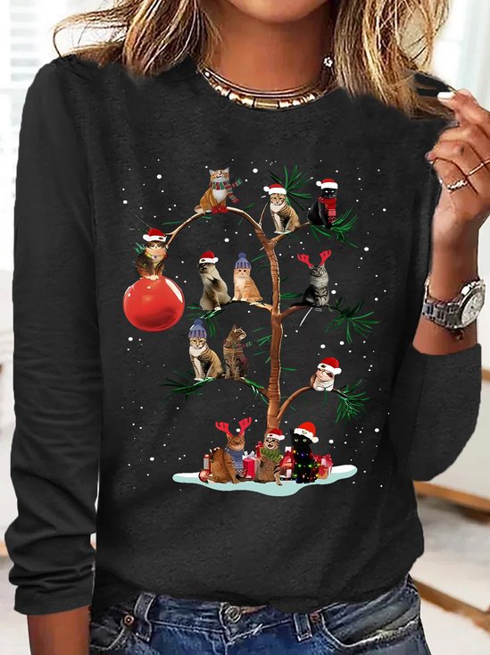 Women's Christmas Cat Tree Cotton-Blend Crew Neck Casual H-Line Long Sleeve Shirts