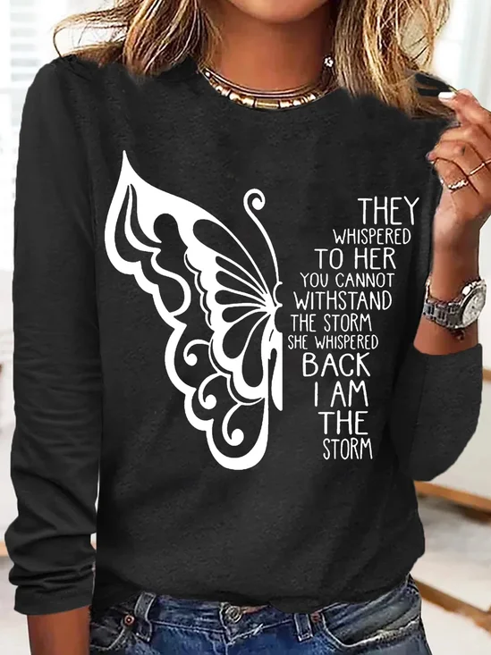 Women's Butterfly Letters Print Cotton-Blend Casual Top H-Line Crew Neck Long Sleeve Shirts