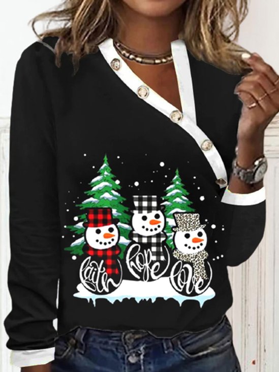 Jersey Christmas Snowman Asymmetrical Casual T-Shirt Xmas T-shirt