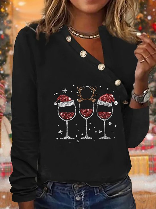 Christmas Wine Glass Casual Buckle Asymmetrical Neckline Jersey Xmas Long Sleeve T-shirt