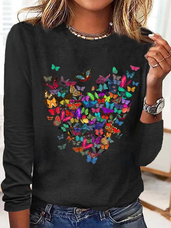 Women's Butterfly Heart Print Valentine's Day Casual Crew Neck Long Sleeve Top Shirts