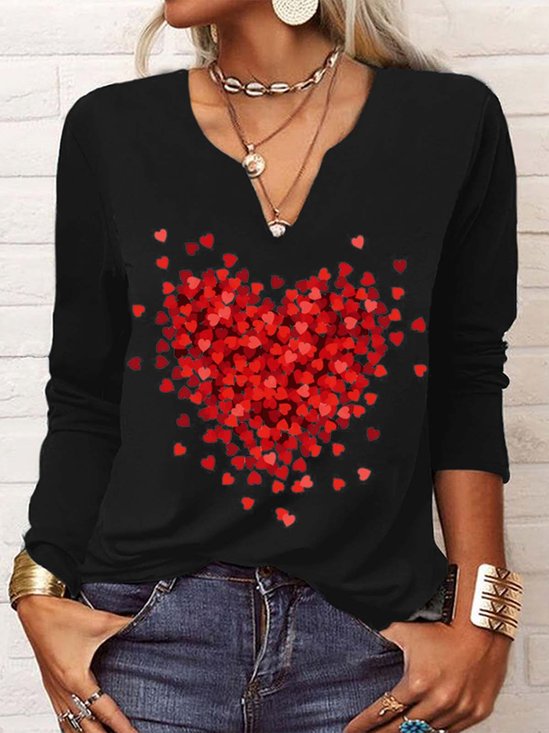Valentine's Day Daily Casual Loose Heart/Cordate Print Jersey H-Line V neck Long Sleeve T-Shirt