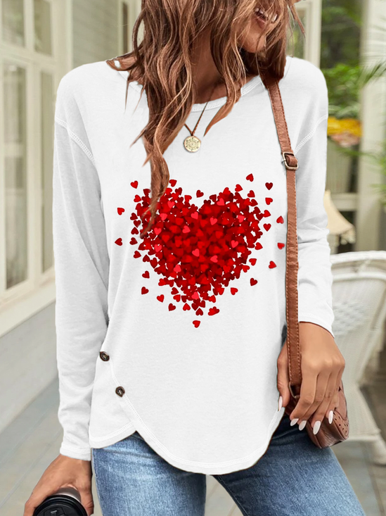 Valentine's Day Buttoned Heart Print Jersey Basic Daily Casual Crew Neck Long Sleeve T-Shirt