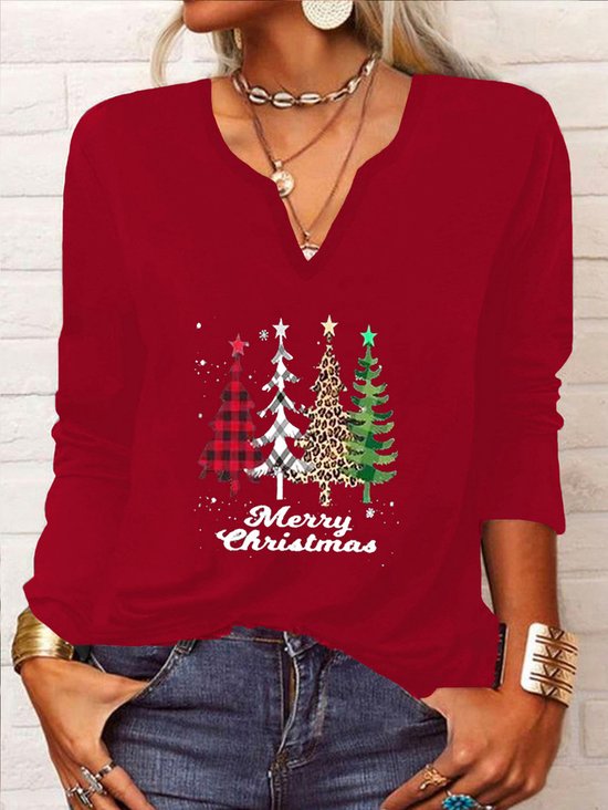 Casual Christmas Trees Long Sleeve V Neck Printed Top T-shirt Xmas T-shirt