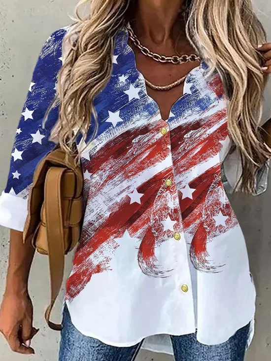 Plus Size Independence Day Casual Long Sleeve Blouse With America Flag