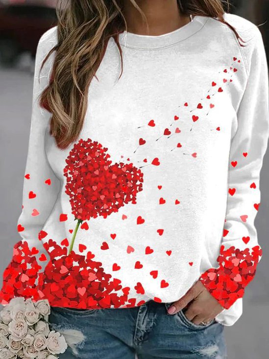 Valentine's Day Basic Daily Casual Crew Neck Heart/Cordate Print Jersey H-Line Long Sleeve Sweatshirt