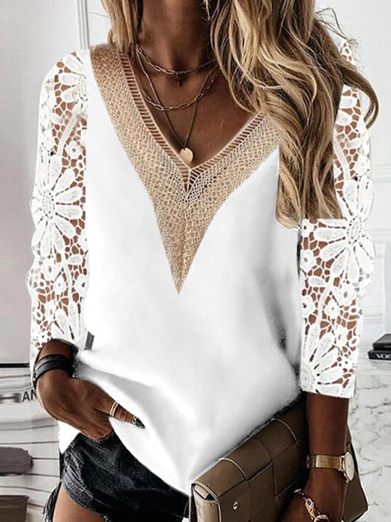 V Neck Plain Casual Top Shirts With Cut-out Floral Lace Patchwork Sleeves