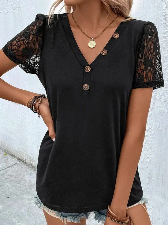 Buckle Loose Casual V Neck T-Shirt