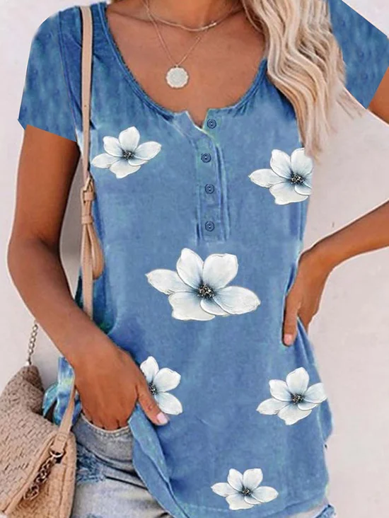 Plus Size Floral Casual Crew Neck Loosen Buttoned Short Sleeve T-Shirt