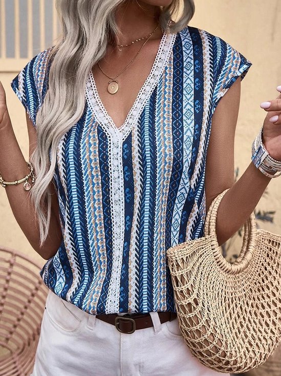 Ethnic Cap Sleeve V Neck Lace Edge Vacation Shirt