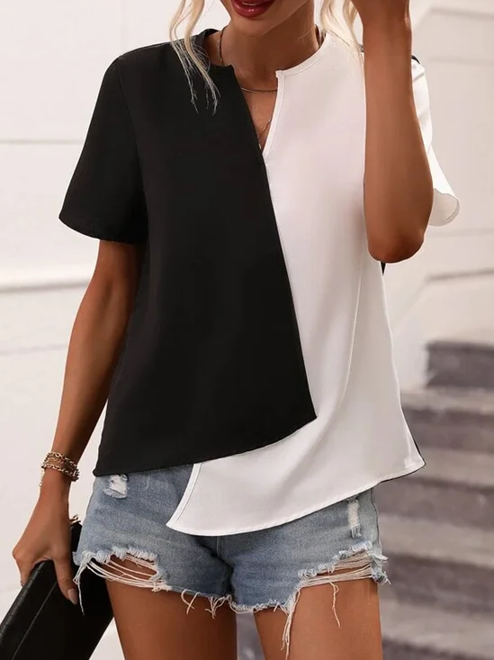 Loose Notched Color Block Casual Shirt