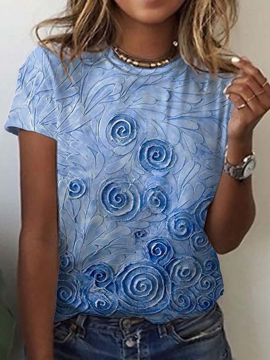 Blue Floral Casual Crew Neck T-Shirt