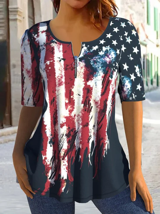 Loose America Flag Casual Jersey Independence Day Shirt