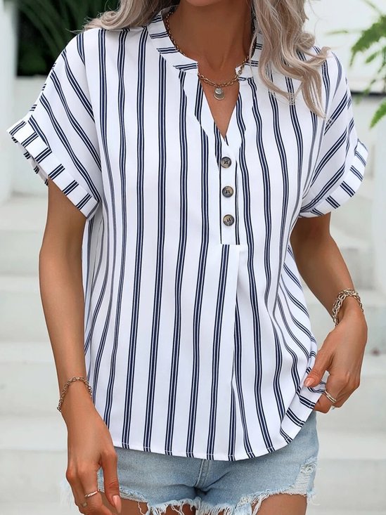 Striped Short Sleeve Buckle Notched Casual Tunic Shirt