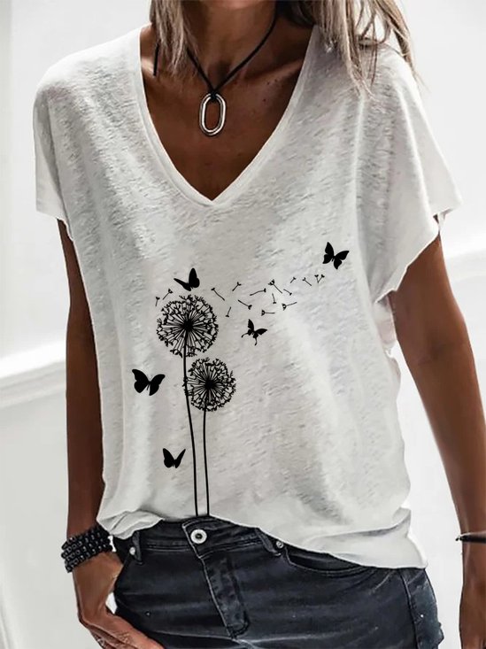 Dandelion Pattern Short Sleeve V Neck Casual T-Shirt