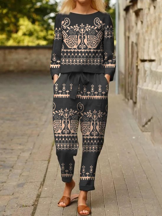 Ethnic Crew Neck Lace-Up Pockets Casual Two-Piece Set