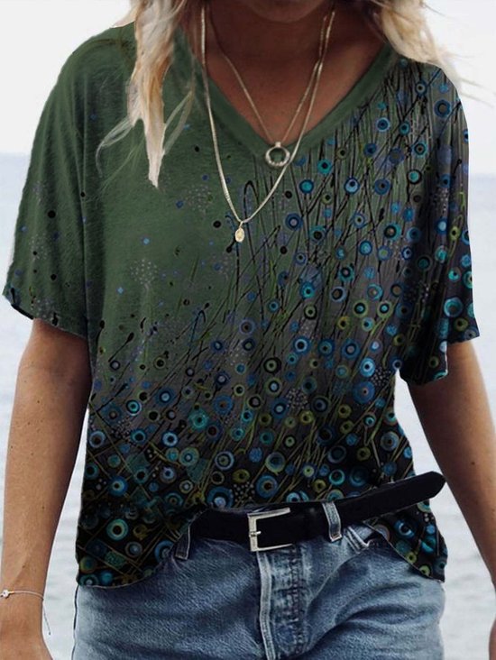 Women's Summer Vintage Floral Printed V-Neck Short Sleeve T-shirt