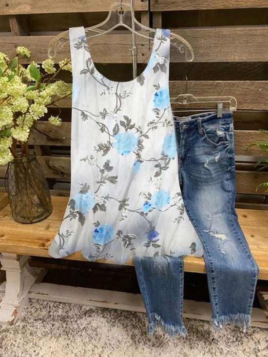Plus Size Loose Crew Neck Casual Floral Tank Top
