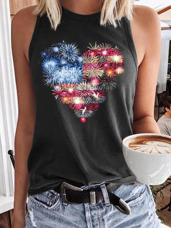 Women's America Flag firework Heart Print Casual Tank Top