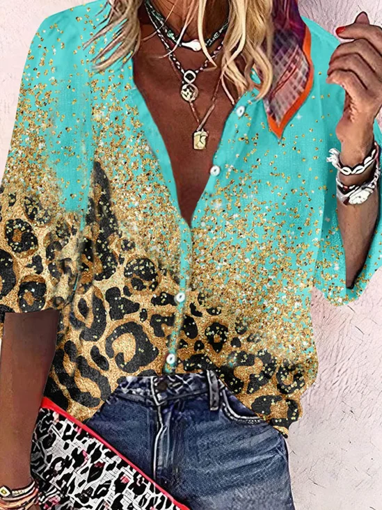 Casual Leopard Stand Collar Blouse