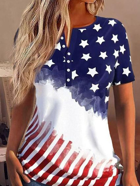 Plus Size Striped Independence Day Loose Crew Neck Casual T-Shirt With America Flag