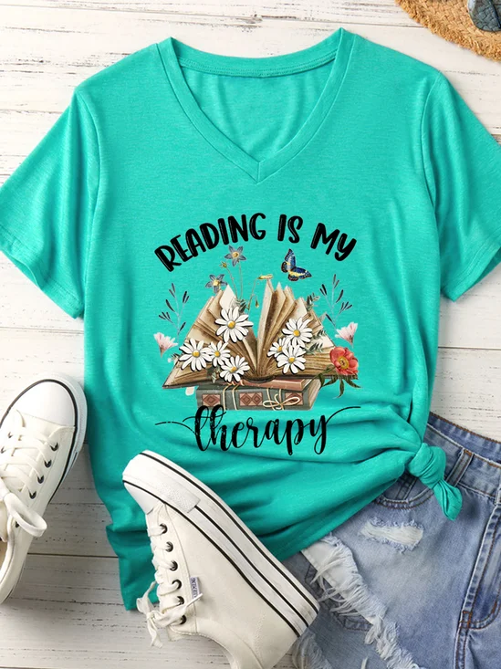 Women's Reading Is My Therapy V Neck Casual Text Letters T-Shirt