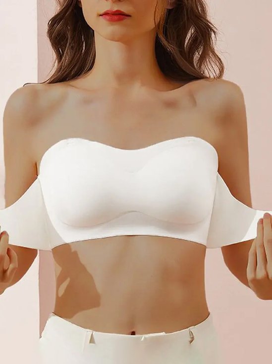 Casual Plain Wireless Front Buckle Lightweight Full Cup Adjusted Convertible Straps Bra & Bralette
