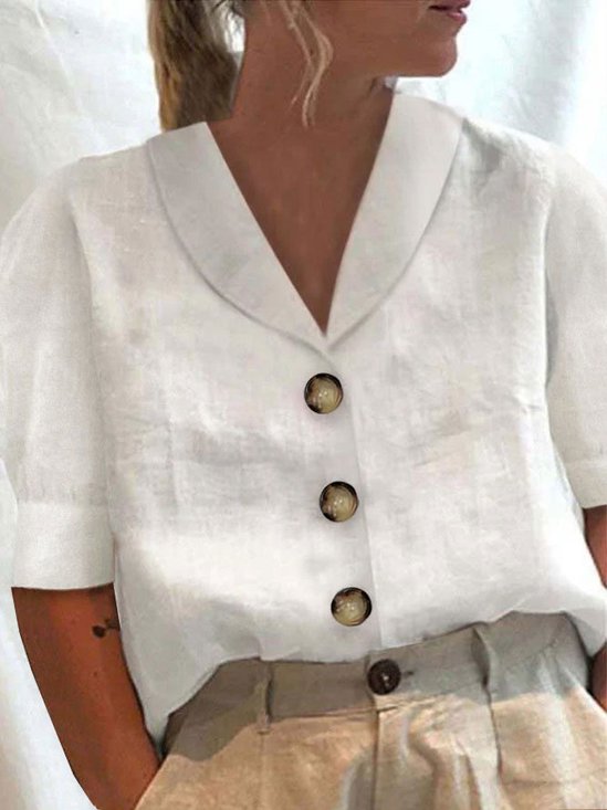 Plus Size Lapel Collar Cotton Casual Buckle Shirt