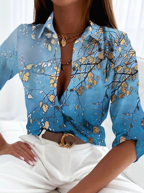 Casual Loose Leaves Shirt Collar Long Sleeve Blouse