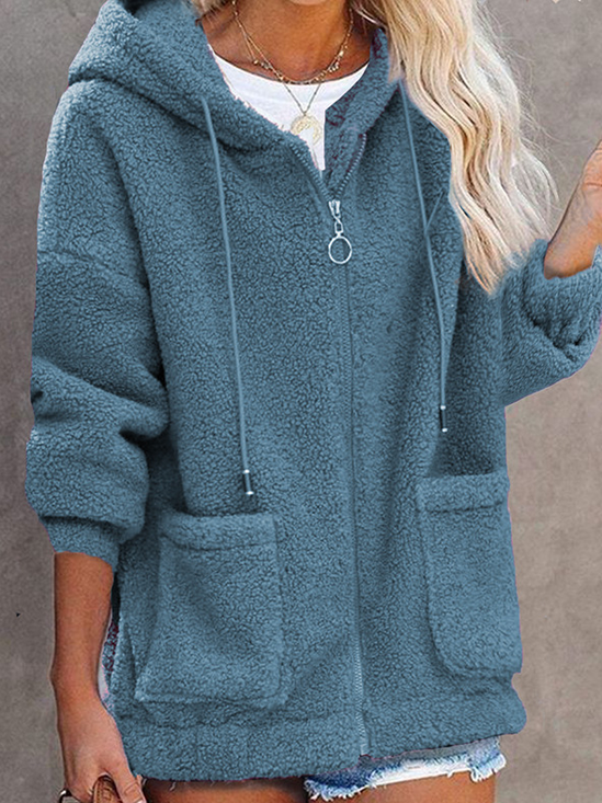 Loose Zipper Hoodie Casual Plain H-Line Mid-long Teddy Jacket With Pockets