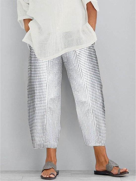 Plus Size Striped Loose Polyester Cotton Casual Pants