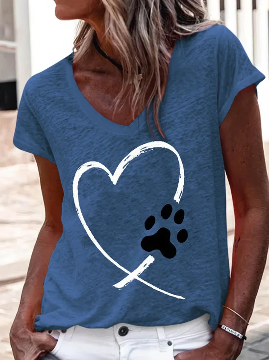 Women's Heart Dog Paw Print Casual V Neck T-Shirt