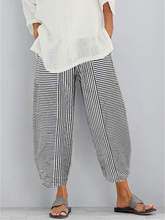 Striped Loose Polyester Cotton Casual Pants
