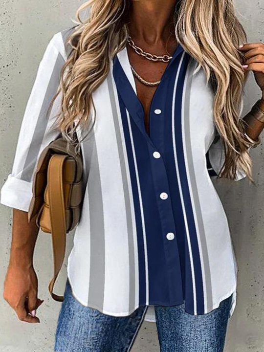 Plus Size Loose Shirt Collar Striped Casual Blouse