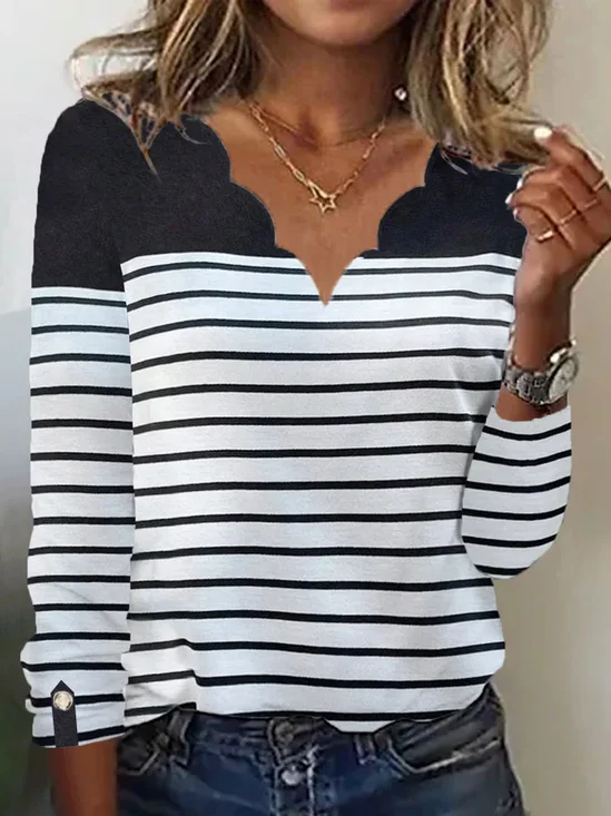 Striped Casual Loose V Neck T-Shirt