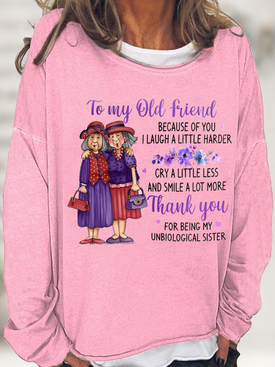 Women's Funny Old Friend Smile A Lot More Graphic Printing Crew Neck Loose Simple Sweatshirt