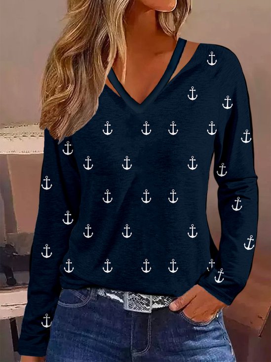 Cut-outs V Neck Anchor Long Sleeve Casual Shirt