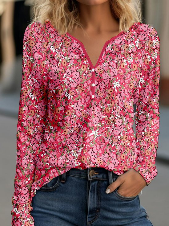 Floral Notched Casual T-Shirt