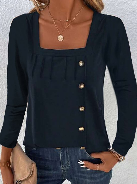 Buttoned Casual Square Neck T-Shirt