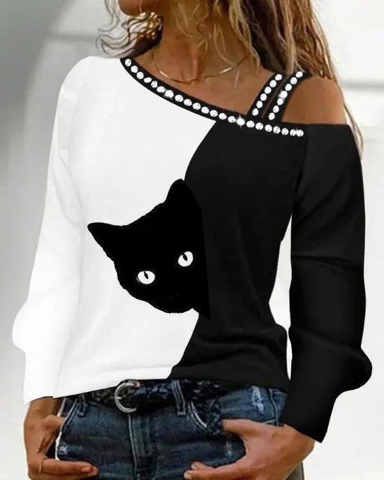 Loose One Shoulder Halloween Cat Casual Long Sleeve Shirt