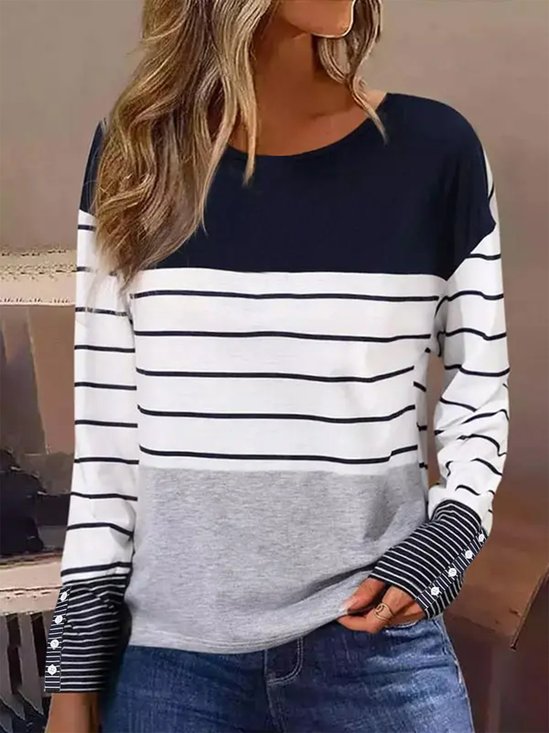 Striped Buttoned H-Line Casual Crew Neck Long Sleeve T-Shirt