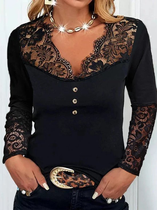Plus Size Sexy Lace Casual V Neck Regular Fit T-Shirt