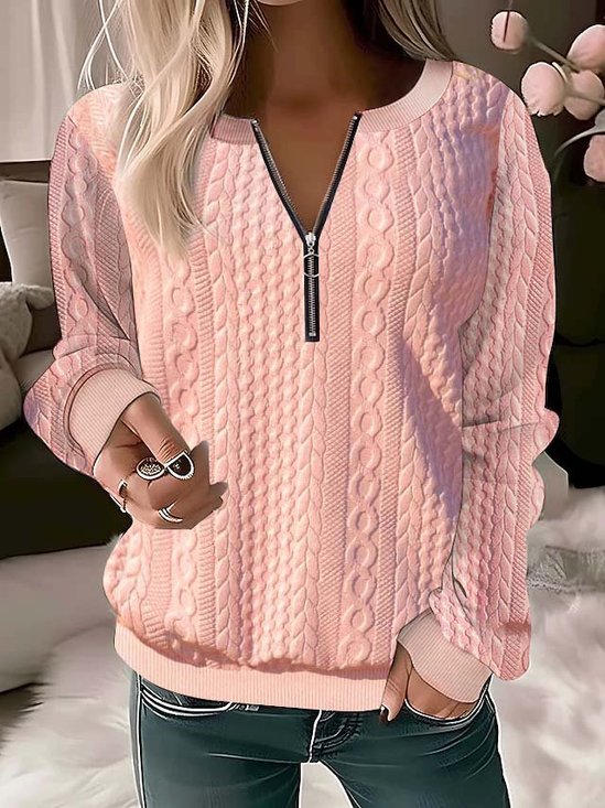 Half Zipper Solid Color Casual Texture Knitted V neck H-Line Long Sleeve Sweatshirts