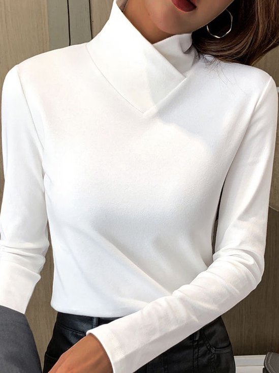 Asymmetrical V Neck Design Warmth Plain Casual Daily Regular Fit Knitted Long Sleeve H-Line T-Shirt