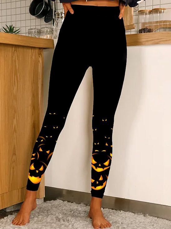 Pumpkin Halloween Casual Tight Jersey Legging With Elastic Band