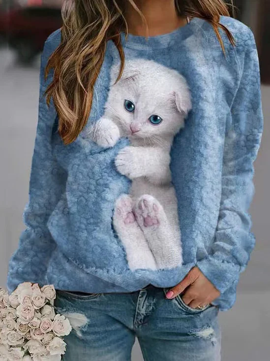 Cat Crew Neck Loose Casual Sweatshirt